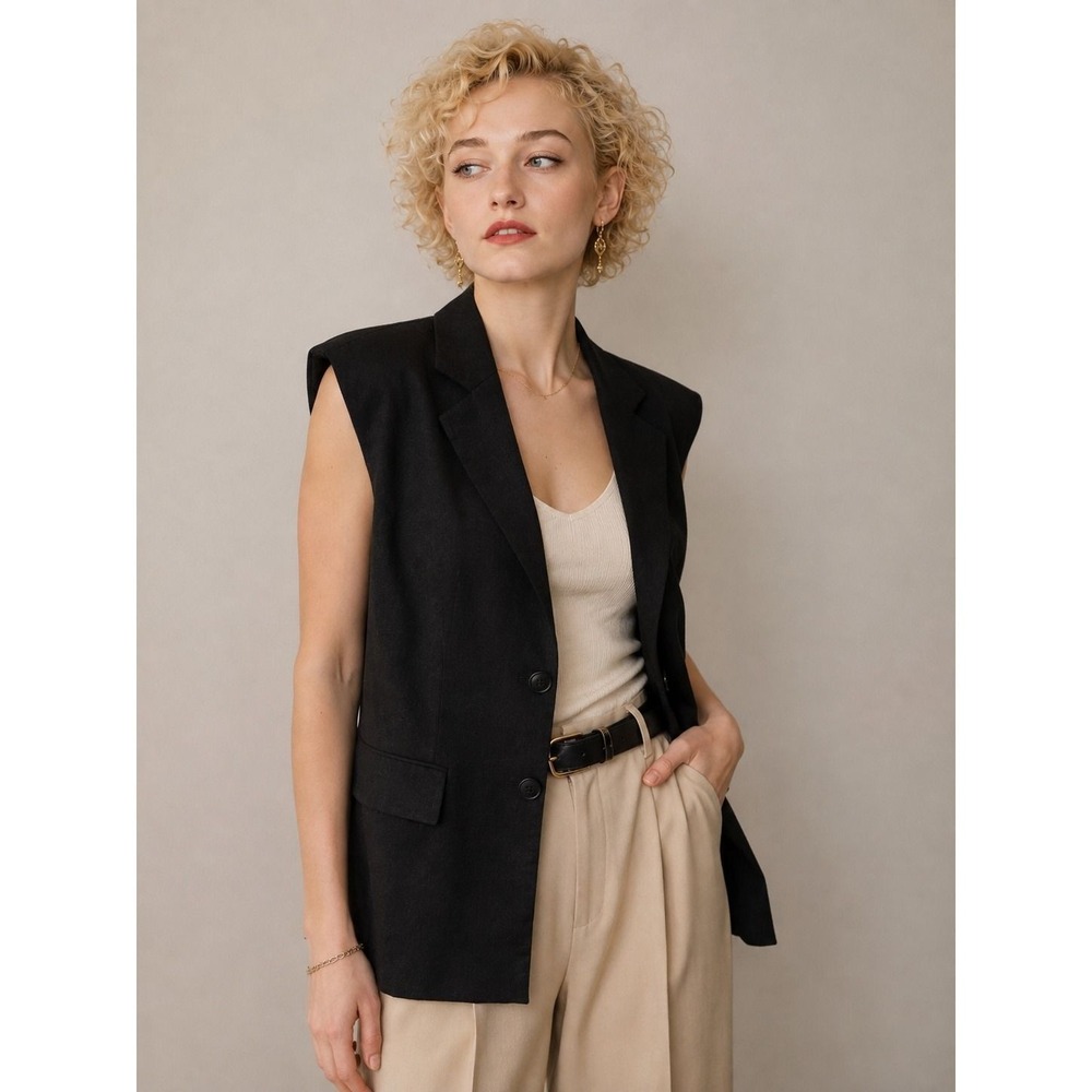 H&M Small Black Sleeveless Blazer Vest Padded Shoulder Tailored